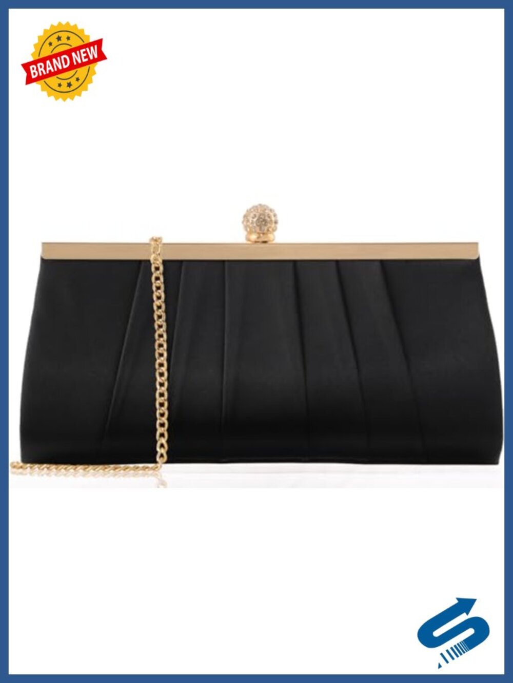 Pleated Satin Evening Clutch Crystal Buckle Detachable Chain